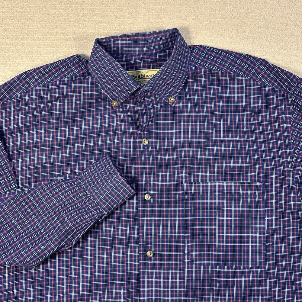 Paul Stuart Button Down Shirt Men's L Blue Purple Plaid Made in Italy Luxury
